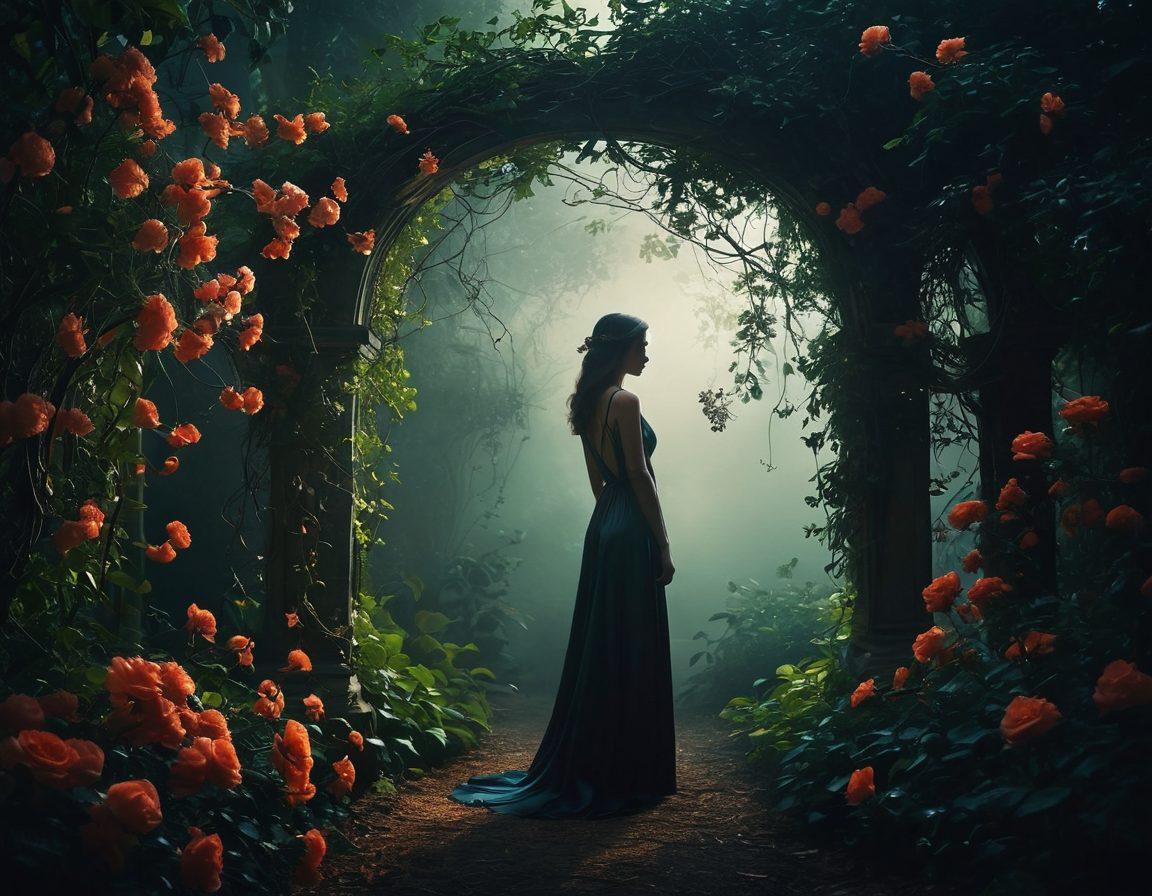A captivating scene depicting a mysterious, shadowy figure standing at the edge of a forbidden garden, surrounded by lush, dark foliage and glowing flowers symbolizing hidden desires. The atmosphere is charged with intrigue, featuring soft, ambient lighting that highlights the figure's thoughtful expression. Include subtle hints of intimacy, like intertwined vines and delicate petals that suggest connections between individuals. The overall tone is alluring and thought-provoking. surrealism. moody colors. soft lighting.