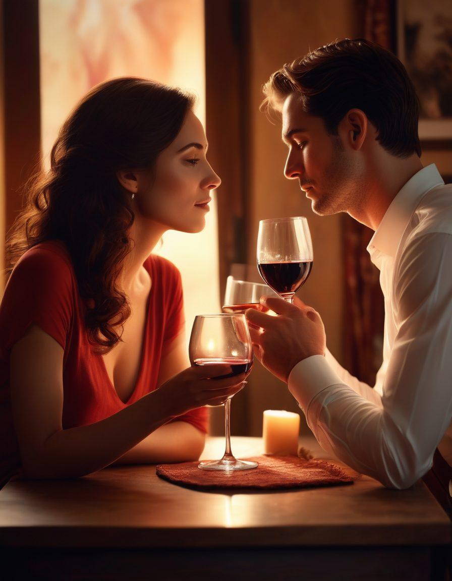 A thoughtfully lit scene featuring a couple in an intimate conversation, symbolizing maturity and deep emotional connection. Soft shadows and warm tones capture the essence of sensual dynamics, with subtle hints of abstract art in the background that imply complexity and nuance. Include elements like a flickering candle and a glass of red wine to enhance the ambiance. evocative, atmospheric, warm colors, artistic rendering.