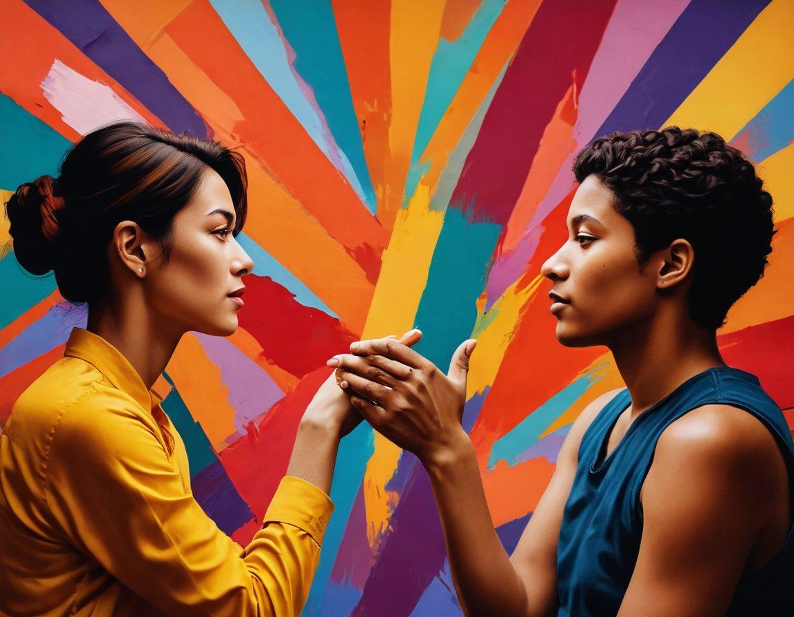 A captivating scene depicting diverse individuals engaging in intimate conversations, with vibrant colors and a sense of freedom. The background features abstract representations of societal norms splintering apart, symbolizing breaking away from constraints. Add subtle elements that hint at forbidden desires, such as intertwined hands and fleeting glances. Emphasize warmth and connection in their expressions. surrealistic style. warm tones. dynamic composition.
